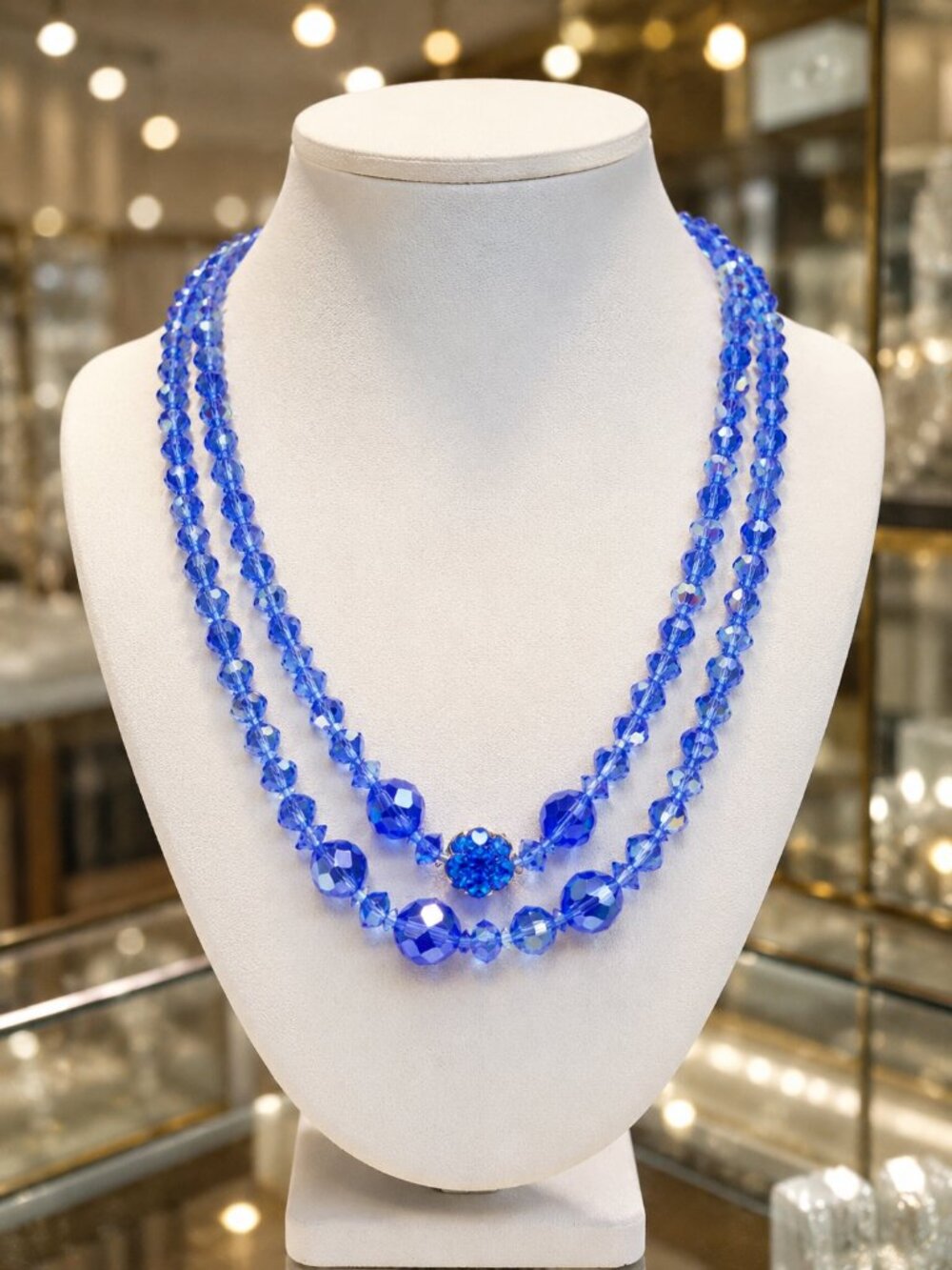 Vintage Sapphire Blue Aurora Borealis Faceted Crystal Double Strand Necklace 18”
